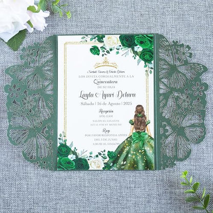 20 PCS 5.12x7.2 Butterfly Personalized Quinceanera Invitation, Customized XV Anos Laser Cut Invitation Cards with Envelopes (Emerald Green Personalized) - color: 20 PCS Emerald Green Personalized