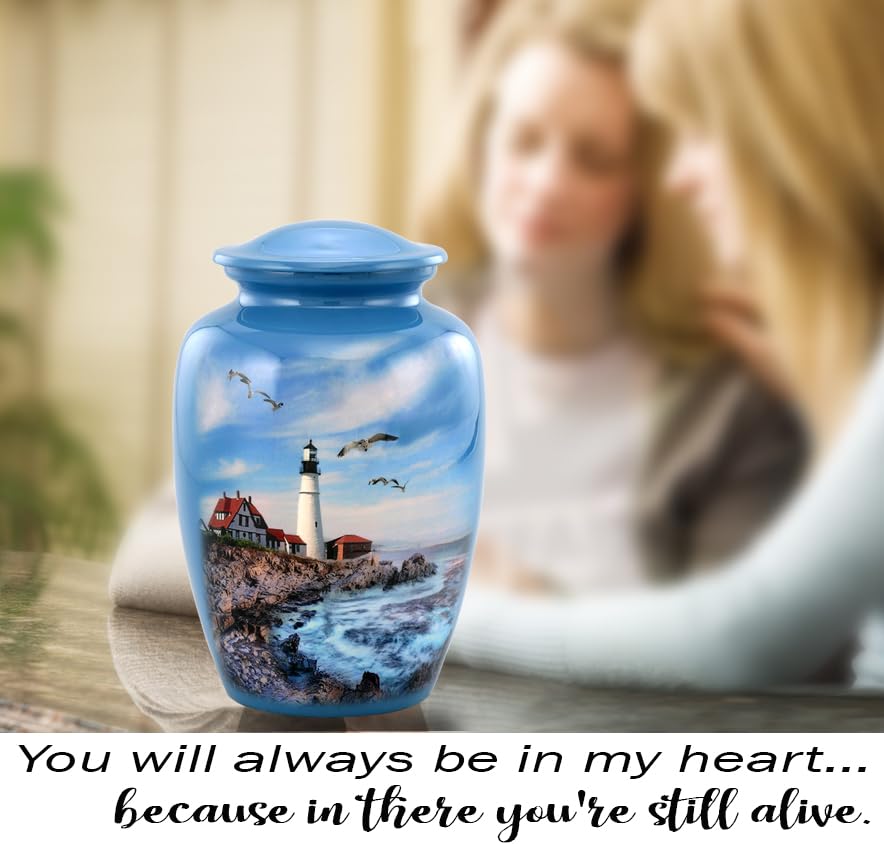 Lighthouse Urn - Full Size Portland Head Lighthouse Cremation Urn – Adult Urns for Men and Women – Ocean Blue Funeral and Memorial Urns for Human Ashes Upto 210 Lbs with Velvet Bag (Large)