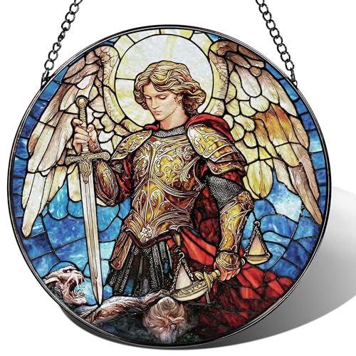 Stained Glass Suncatcher, Archangel Michael Sun Catcher Ornament; Stained Glass Window Hanging, Warrior Angel Window Decor, Spiritual Protection Decor, Christmas Ornament; Christian Religious Gifts - color: Archangel-a