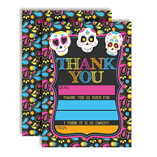 Sugar Skull Day of The Dead, Dia De Los Muertos, Colorful Halloween Thank You Notes for Kids, Ten 4" x 5.5" Fill In The Blank Cards with 10 White Envelopes by AmandaCreation - style: Sugar Skull Day of The Dead
