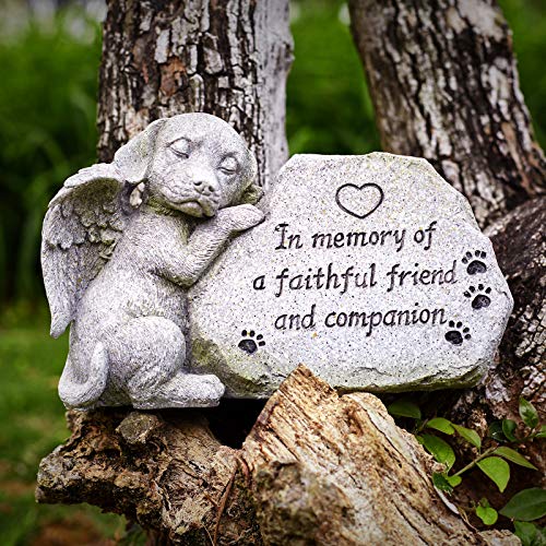 Angelic Dog Memorial Statue - Sleeping Dog Figurine, Outdoor Grave Marker, Sympathy Gift, Antique Stone Finish, 8.86 inch