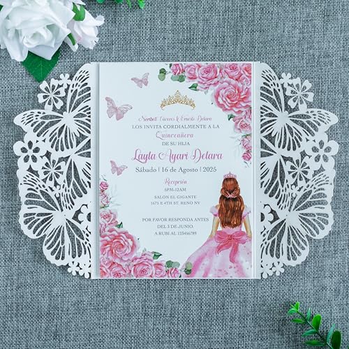20 PCS Butterfly Quinceanera Invitation, Laser Cut Invitation Cards | 5.12x7.2" Pink Glitter Butterfly Quinceanera Invitation with Envelopes for XV Anos Bridal Shower Baby Shower Invite - color: Pink Glitter