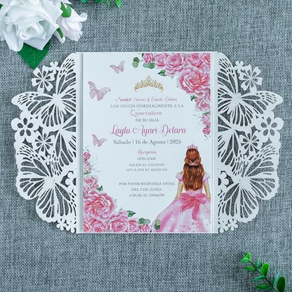 20 PCS Butterfly Quinceanera Invitation, Laser Cut Invitation Cards | 5.12x7.2" Pink Glitter Butterfly Quinceanera Invitation with Envelopes for XV Anos Bridal Shower Baby Shower Invite - color: Pink Glitter