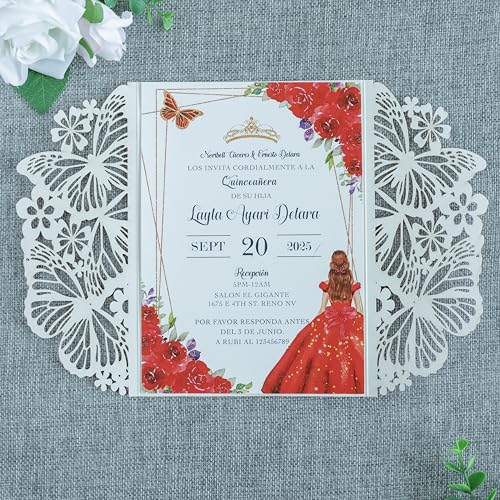 20 PCS Butterfly Quinceanera Invitation, Laser Cut Invitation Cards | 5.12x7.2" Red Glitter Butterfly Quinceanera Invitation with Envelopes for XV Anos Bridal Shower Baby Shower Invite - color: Red Glitter
