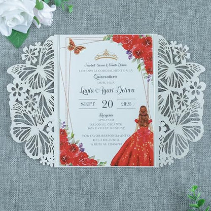 20 PCS Butterfly Quinceanera Invitation, Laser Cut Invitation Cards | 5.12x7.2" Red Glitter Butterfly Quinceanera Invitation with Envelopes for XV Anos Bridal Shower Baby Shower Invite - color: Red Glitter