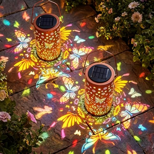 2Pack Colorful Butterfly Solar Lanterns Outdoor Decor, Garden Decor Gifts for Women Mom Sister Grandma, LED Hanging Solar Lantern Lights Outside for Table Yard Lawn Garden Path Porch - color: Butterfly X2