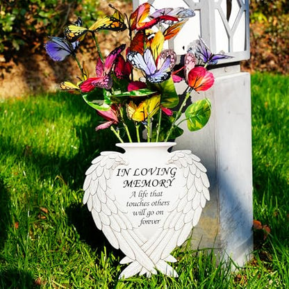 Solar Angel Wing Memorial Stake - Metal Silhouette Grave Decorations for Cemetery - Flat Outdoor Sympathy Gift with Butterfly Lights & Flowers - Bereavement Decor for Loss of Mom Dad（with Flowers)) - style: Angel Wings with Flowers
