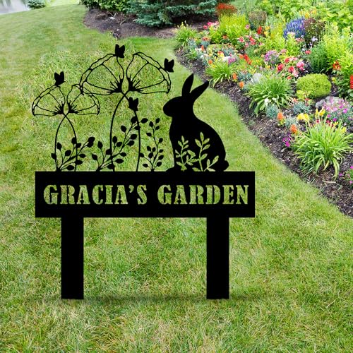 Custom Metal Rabbit and Flower Garden Stake, Bunny Metal Garden Sign, Personalized Easter Rabbit with Flower Sign, Farm Animal Sign, Pet Grave Marker, Rabbit Sympathy Gift, Pet Loss, Remembrance Stake - color: STAKEDESING_10