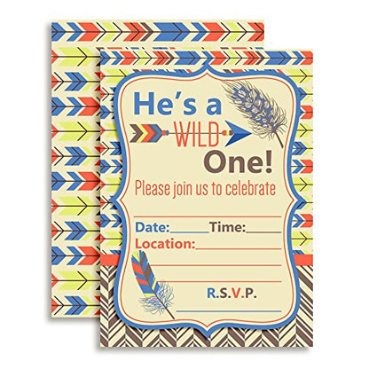 Wild One Boy, Tribal Boho Birthday Party Invitations Fill In Invitations, 20 5x7 Fill In Cards with Twenty White Envelopes by AmandaCreation - style: Wild One Boy