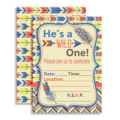 Wild One Boy, Tribal Boho Birthday Party Invitations Fill In Invitations, 20 5x7 Fill In Cards with Twenty White Envelopes by AmandaCreation - style: Wild One Boy