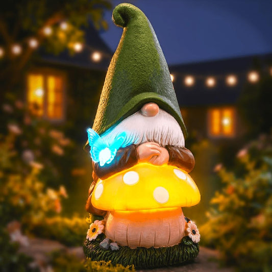 Solar Garden Gnome Statue with Glowing Mushroom & Butterfly Light, 9" Resin Solar Gnome Outdoor Waterproof LED Garden Decor for Yard Lawn Patio Pathway, Cute Garden Gnome Gift for Dad Father’s Day - color: Gnome