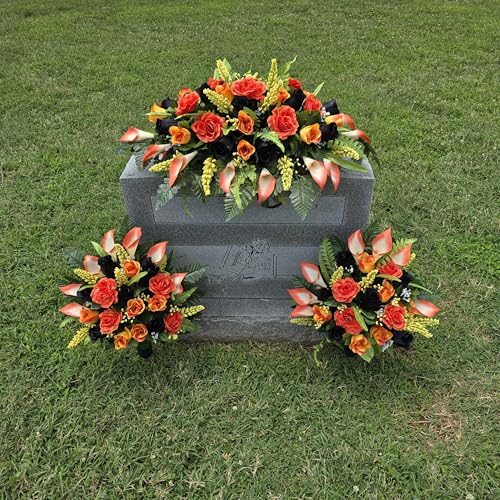 Headstone Saddle and Cemetery Cone Set with Orange and Black Rose Flowers for Halloween, Fall, and Motorcycle Biker Memorial Decoration