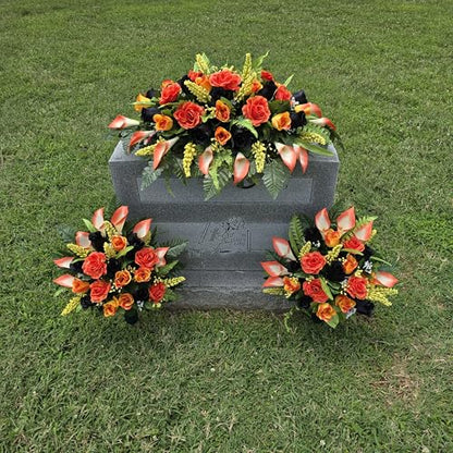 Headstone Saddle and Cemetery Cone Set with Orange and Black Rose Flowers for Halloween, Fall, and Motorcycle Biker Memorial Decoration