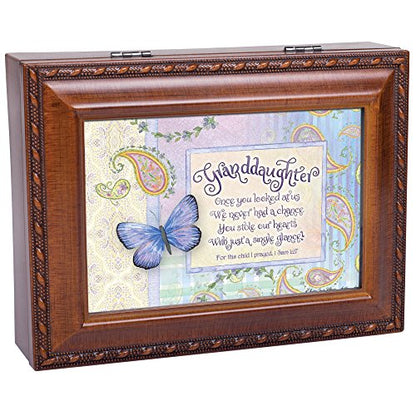 Cottage Garden Granddaughter Stole Our Hearts Woodgrain Rope Trim Jewelry Music Box Plays Friend in Jesus