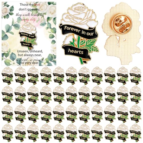 Suncalla 65 Sets Funeral Favors, Celebration of Life Favors Bulk Memorial Rose Lapel Pins with Recuerdos Sympathy Cards for Memorial Party Supplies Guest Return Favor Funeral Gifts - color: White