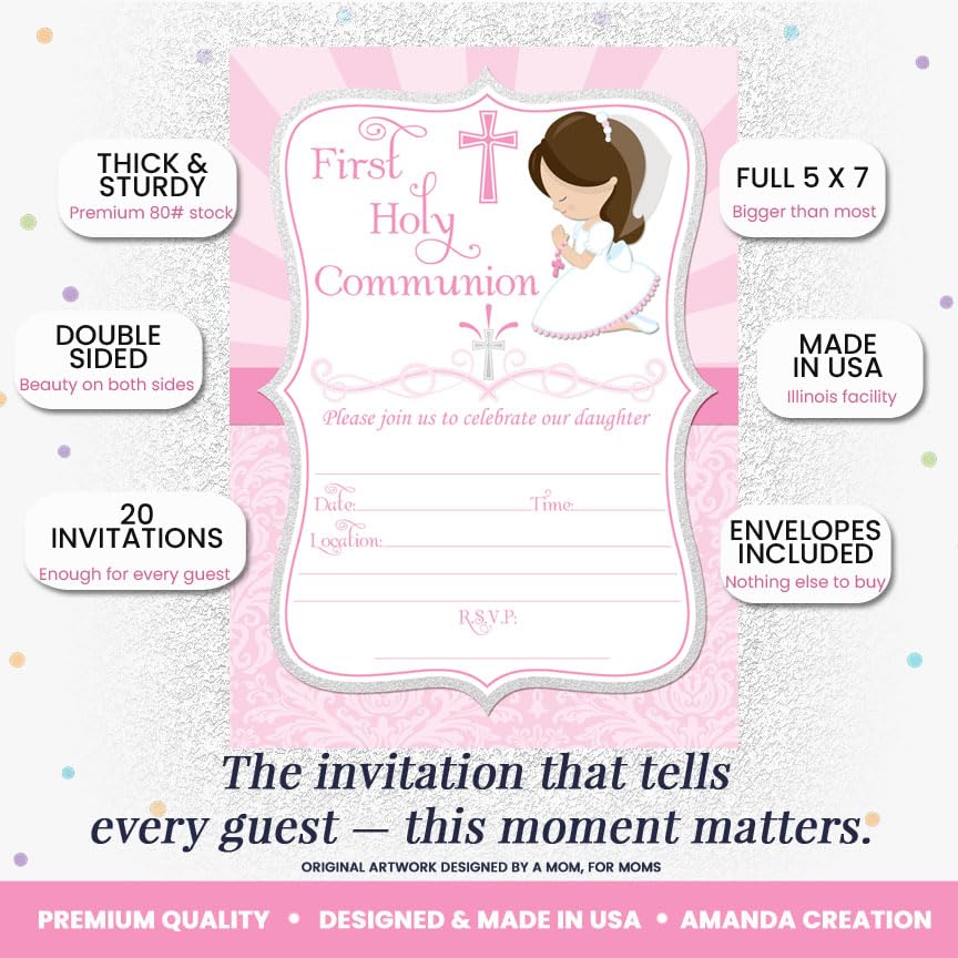 First Holy Communion Religious Party Invitations for Girls (Light Skin, Brown Hair), 20 5x7 Fill In Cards with Twenty White Envelopes by AmandaCreation - style: Light Skin, Brown Hair Girl