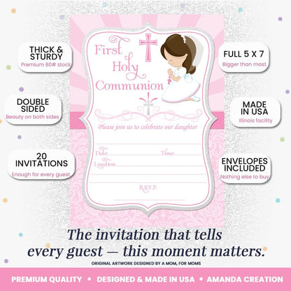 First Holy Communion Religious Party Invitations for Girls (Light Skin, Brown Hair), 20 5x7 Fill In Cards with Twenty White Envelopes by AmandaCreation - style: Light Skin, Brown Hair Girl