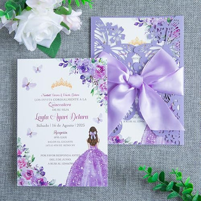20 PCS 5.12x7.2 Butterfly Personalized Quinceanera Invitation, Customized XV Anos Laser Cut Invitation Cards with Envelopes (Violet Personalized) - color: 20 PCS Violet Personalized