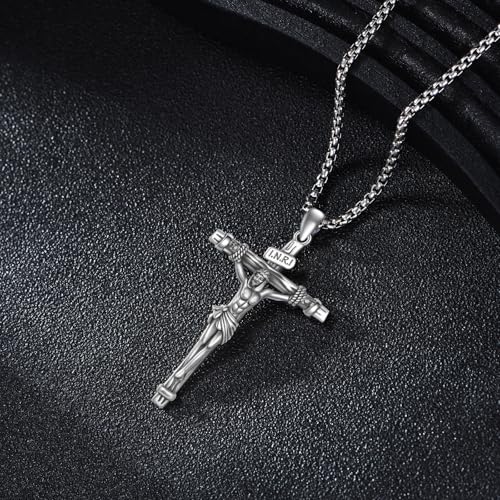 925 Sterling Silver Cross Necklace for Men & Women Crucifix Jesus/Cross Pendant with 22"+2" Stainless Steel Chain Jewelry Gift for Christmas, Father's Day, Mother's Day, Birthday-Gift Box Included - style: B07 Crucifix