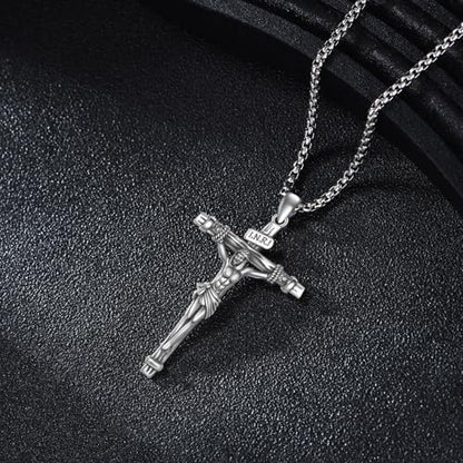 925 Sterling Silver Cross Necklace for Men & Women Crucifix Jesus/Cross Pendant with 22"+2" Stainless Steel Chain Jewelry Gift for Christmas, Father's Day, Mother's Day, Birthday-Gift Box Included - style: B07 Crucifix