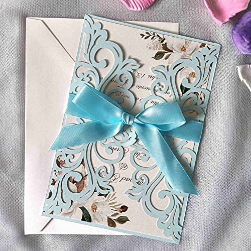 25PCS Light Blue Laser Cut Wedding Invitations Cards with Envelopes,Blank Inner Sheets,Ribbons for Wedding Bridal Shower Quinceanera Engagement Birthday Invites matte light blue B001 - color: matte light blue