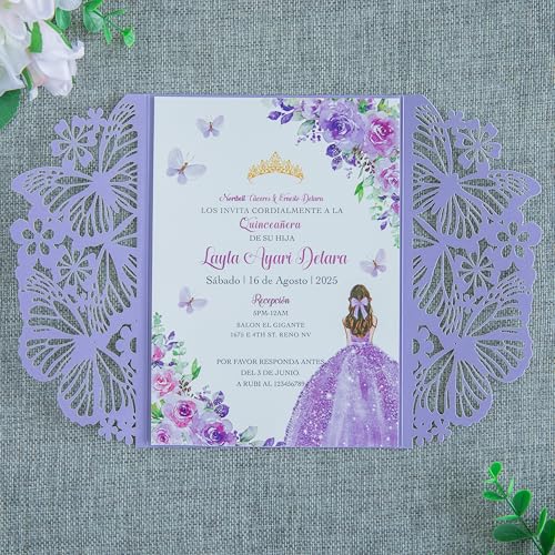 20 PCS 5.12x7.2 Butterfly Personalized Quinceanera Invitation, Customized XV Anos Laser Cut Invitation Cards with Envelopes (Violet Personalized) - color: 20 PCS Violet Personalized