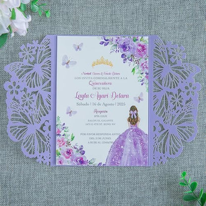 20 PCS 5.12x7.2 Butterfly Personalized Quinceanera Invitation, Customized XV Anos Laser Cut Invitation Cards with Envelopes (Violet Personalized) - color: 20 PCS Violet Personalized