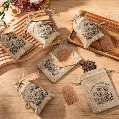 Tanlade 50 Sets Funeral Favor Burlap Bag, Tag and Twine, No Seed, Poppy - style: Poppy