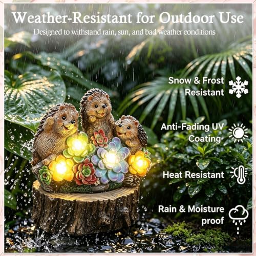 Hedgehog Solar Garden Statues with Succulent Animal Figurines - color: Brown-hedgehog03