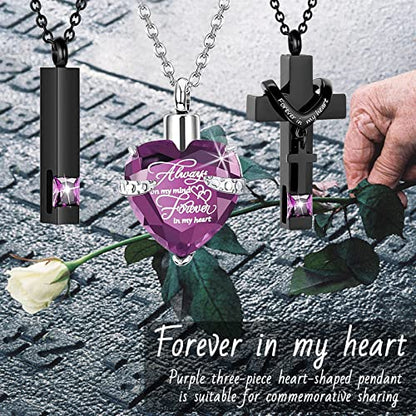 weikui 3 Pieces Heart Cross Cubic Urn Necklace for Ashes for Men Women Cremation Jewelry Crystal Memorial Locket Ashes Pendant Family Keepsake Sharing Jewelry Set - color: 3 Black Pendants - Purple