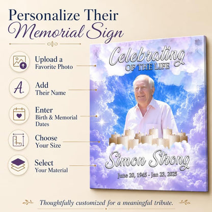Personalized Funeral Memorial Sign with Photo and Heavenly Clouds - color: Design 3