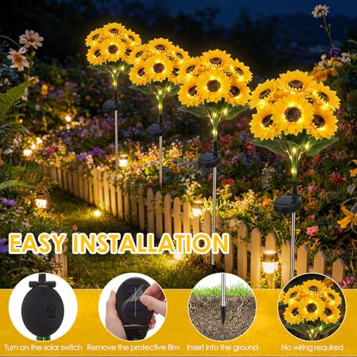 VIHOSE 4 Pack Sunflower Solar Lights with 24 Sunflowers 45 LED Ip65 Waterproof Outdoor Stake Lights with Upgraded Solar Panel for Yard Patio Landscape Lawn Garden Decor for Mom Grandma Birthday Gifts - style: Sunflower