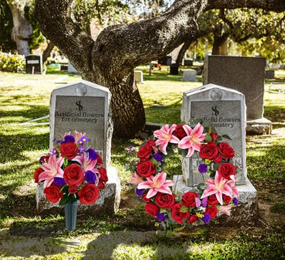 Artificial Cemetery Flowers with Vase, Artificial Rose Lily Carnation Bouquet, Graveyard Memorial Flowers for Cemetery Headstones Decoration