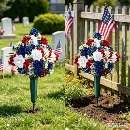2 Set Artificial Patriotic Flowers Bouquet for Grave 4th of July Memorial Day Veterans Cemetery Decoration with Long Nail Vases Weatherproof Red White Blue Rose Daisy Floral American 250th Anniversary