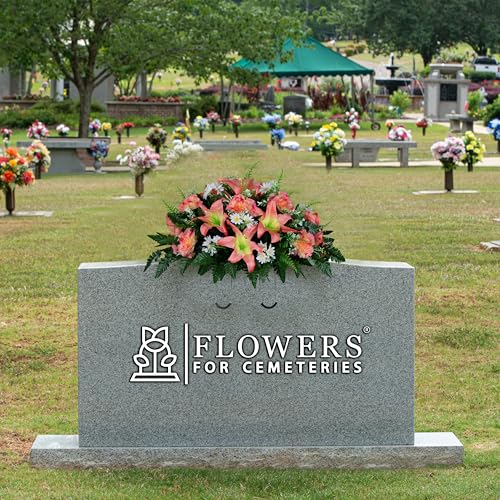 Sympathy Silks 30" Headstone Flower Saddle Artificial Cemetery Flowers - Gravesite Flowers - Peach Lily and Carnation with White Daisies - color: Peach, size: Saddle