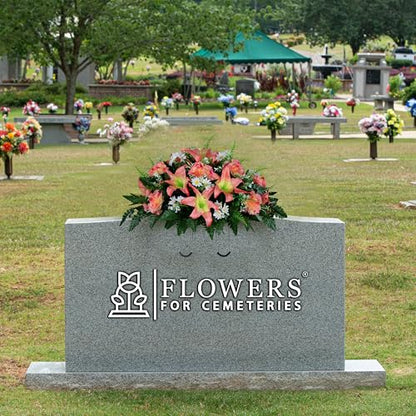 Sympathy Silks 30" Headstone Flower Saddle Artificial Cemetery Flowers - Gravesite Flowers - Peach Lily and Carnation with White Daisies - color: Peach, size: Saddle