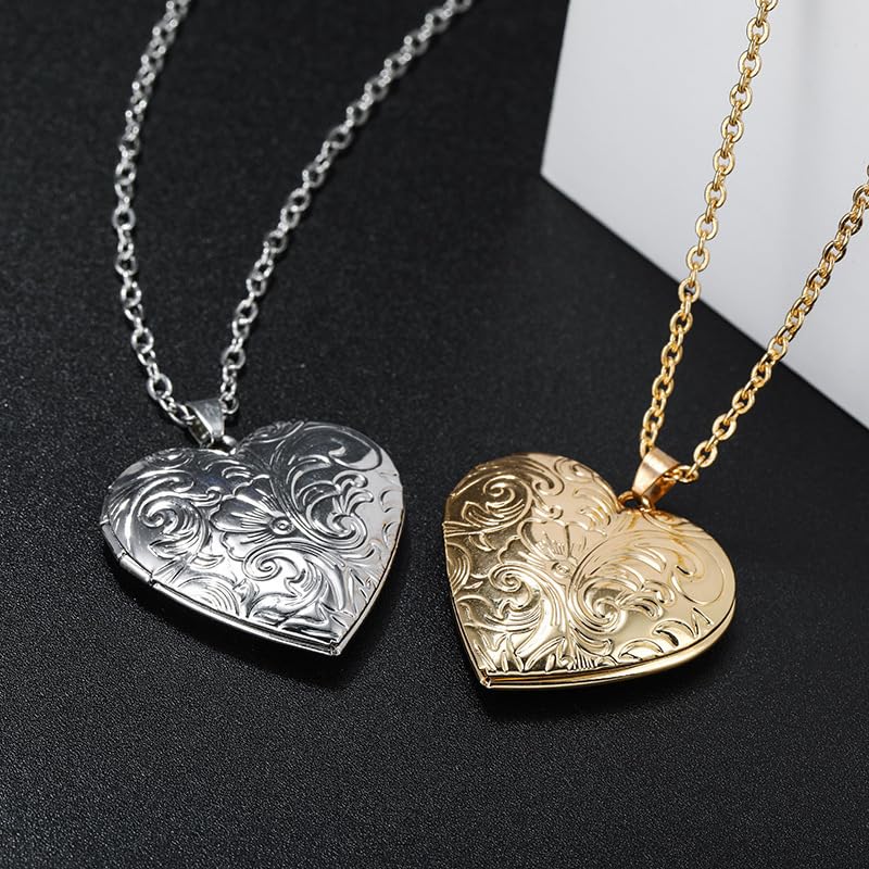 Locket Picture Pendant Heart Necklace,Retro Carved Flower Relief Pattern Oval Center Necklace Souvenir Memorial Clavicle Jewelry for Women - color: silver heart