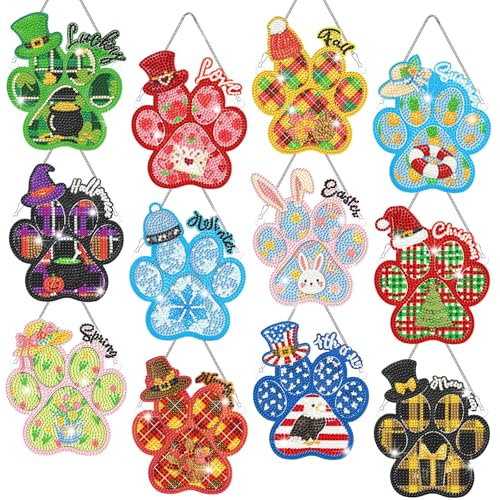 Cinnvoice Seasonal Diamond Art Hanging Kit,12 Pcs,Dog Paws | 12 Pcs,Dog Paws, Holiday Diamond Art Hanging Ornaments, Cute Month Door Sign, Crystal Suncatcher, for Door Window Wall Decor - style: Dog Paws
