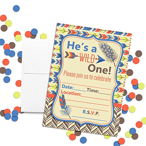 Wild One Boy, Tribal Boho Birthday Party Invitations Fill In Invitations, 20 5x7 Fill In Cards with Twenty White Envelopes by AmandaCreation - style: Wild One Boy