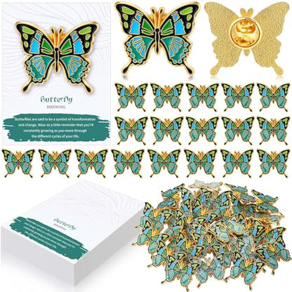 60 Sets Funeral Favors for Guests Butterfly Enamel Lapel Pins with Prayer Poem Memorial Cards Celebration of Life Gifts - color: Green, style: Classic