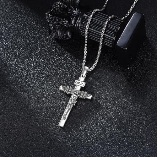 925 Sterling Silver Cross Necklace for Men & Women Crucifix Jesus/Cross Pendant with 22"+2" Stainless Steel Chain Jewelry Gift for Christmas, Father's Day, Mother's Day, Birthday-Gift Box Included - style: B06 Crucifix