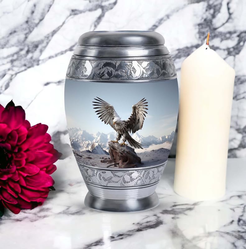 Eagle with Snow Mountains in - Burial Urn for Adult Human Ashes - Unique Urn - 10 Inch Large - Funeral Ash Holder - size: Large