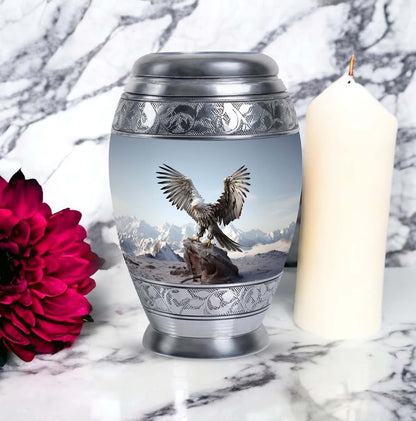 Eagle with Snow Mountains in - Burial Urn for Adult Human Ashes - Unique Urn - 10 Inch Large - Funeral Ash Holder - size: Large
