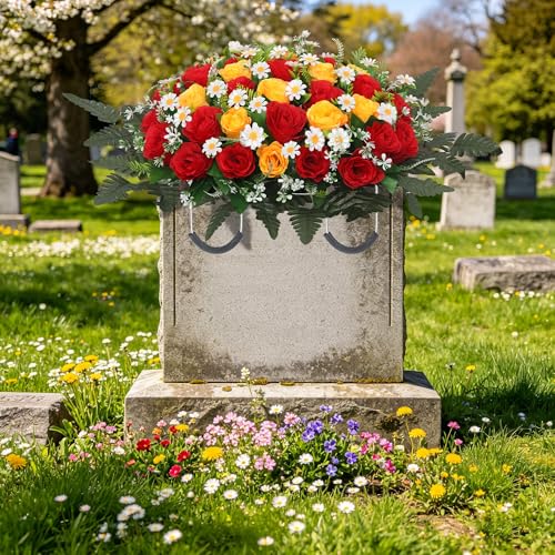 Wocst Headstone Flower Saddle,Large Artificial Cemetery Flowers for Grave Artificial Roses Daisy Saddle for Cemetery Headstone (Yellow) - color: Yellow