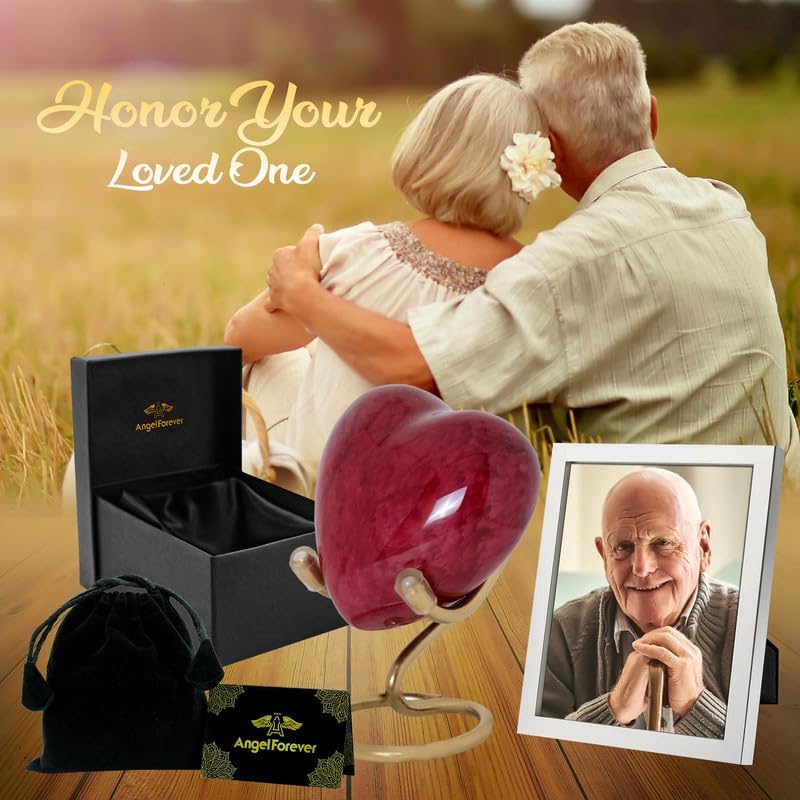 Heart Urn with Stand & Box Keepsake Urn for Human Ashes Mini Cremation Urn for Men & Women (Red) - color: Red