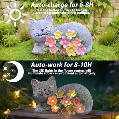 Solar Cat Garden Statue, Resin Solar Cat Lights for Outside - color: Gray With Colorful Flowers--lying Cat