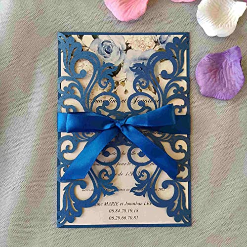 25PCS Royal Blue Laser Cut Wedding Invitations Cards with Envelopes,Blank pearl royal blue - color: pearl royal blue