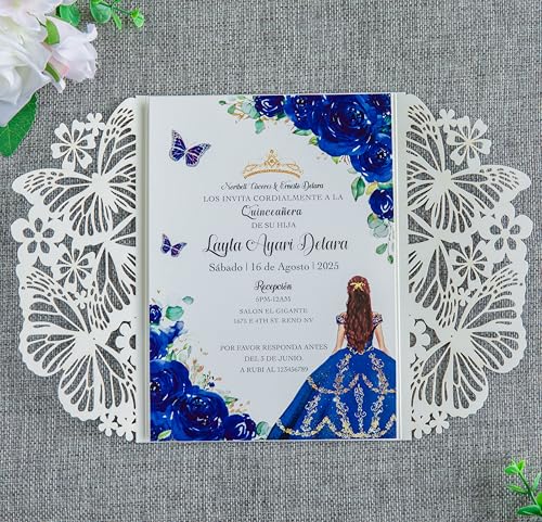 20 PCS Butterfly Quinceanera Invitation, Laser Cut Invitation Cards | 5.12x7.2" Blue Glitter Butterfly Quinceanera Invitation with Envelopes for XV Anos Bridal Shower Baby Shower Invite - color: Blue Glitter