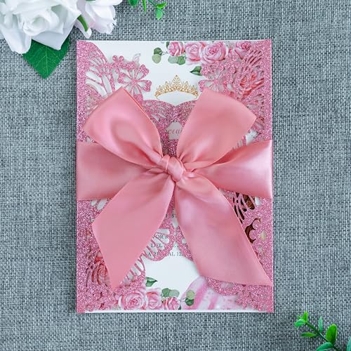 20 PCS Butterfly Quinceanera Invitation, Laser Cut Invitation Cards | 5.12x7.2" Pink Glitter Butterfly Quinceanera Invitation with Envelopes for XV Anos Bridal Shower Baby Shower Invite - color: Pink Glitter