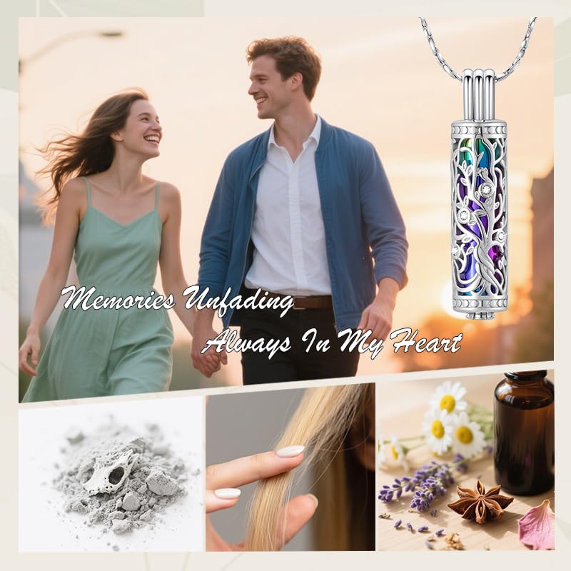 Cylinder Urn Necklace Crystal Tree of Life Cremation Jewelry Pendant for Women Men Vial Cremation Ash Pendant Loved One Memorial Jewelry with Mini Keepsake Urn Ash - Always In My Heart - color: Silver-Colorful